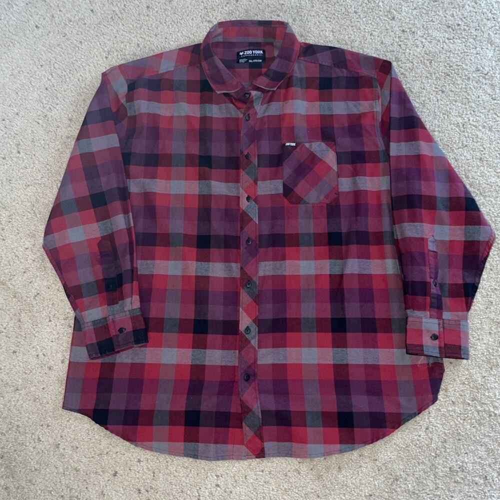 Zoo York Unbreakable Mens Red Black Plaid Woven Button Up Long Sleeve Shirt NWoT